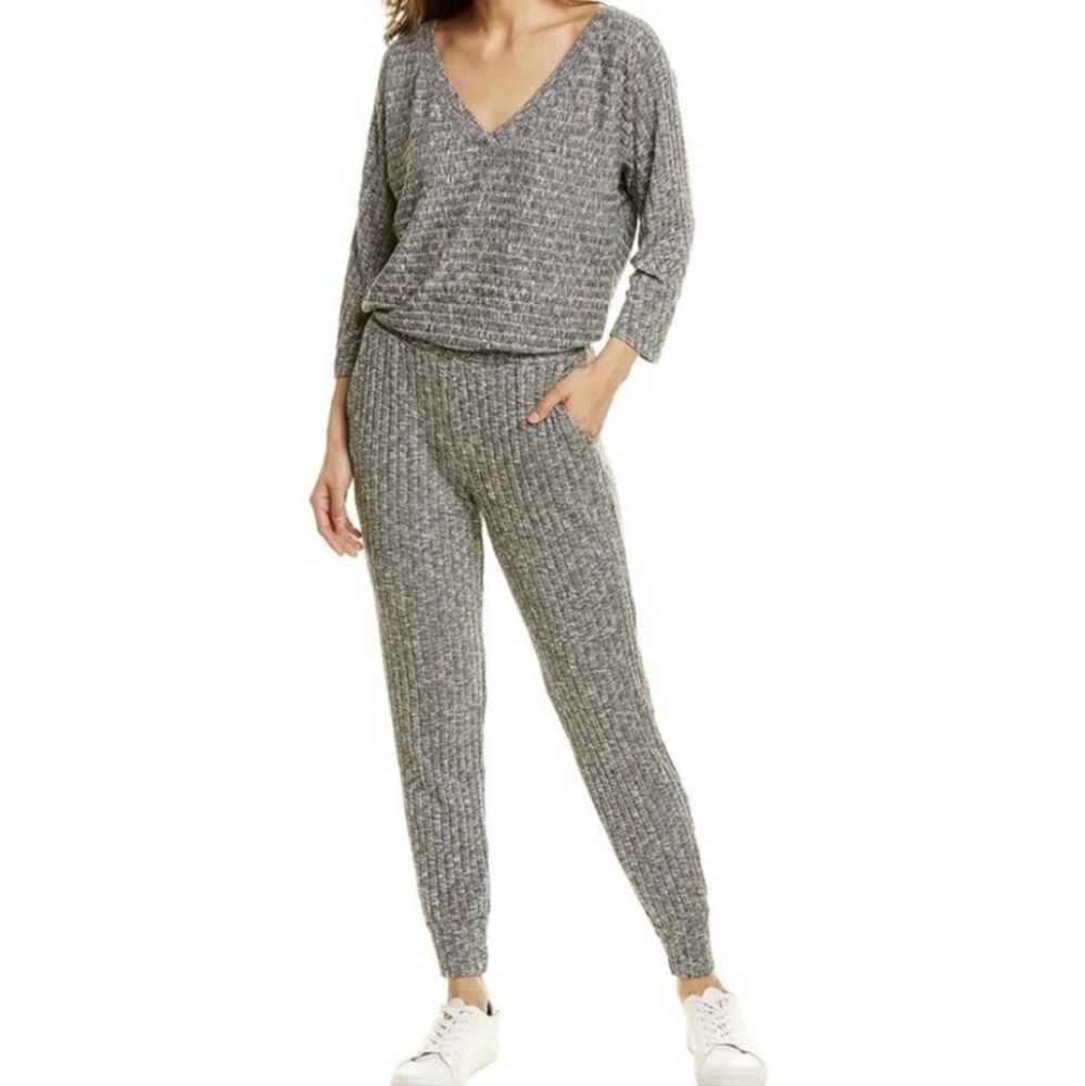 Michael Stars Rex Jumpsuit Off Shoulder V Neck Ribbed Knit Marled Gray Medium M